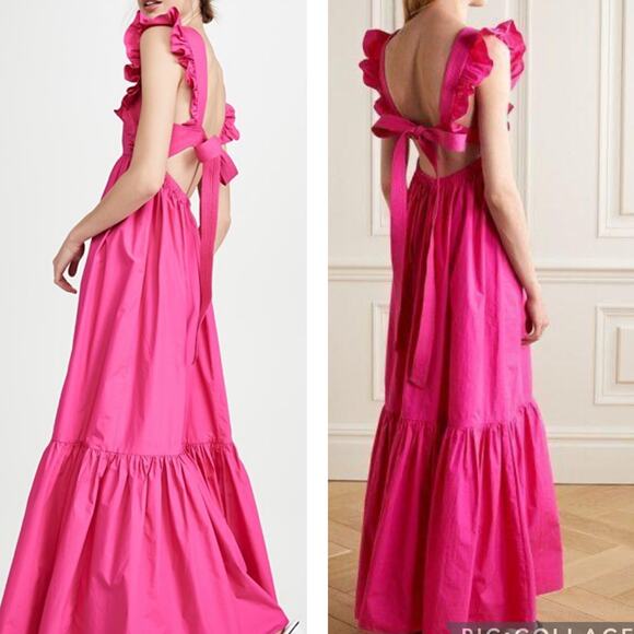 Self-Portrait Fuschia Cotton Poplin Maxi Dress Tiered Ruffle Long Sleeveless 2 - Picture 7 of 14